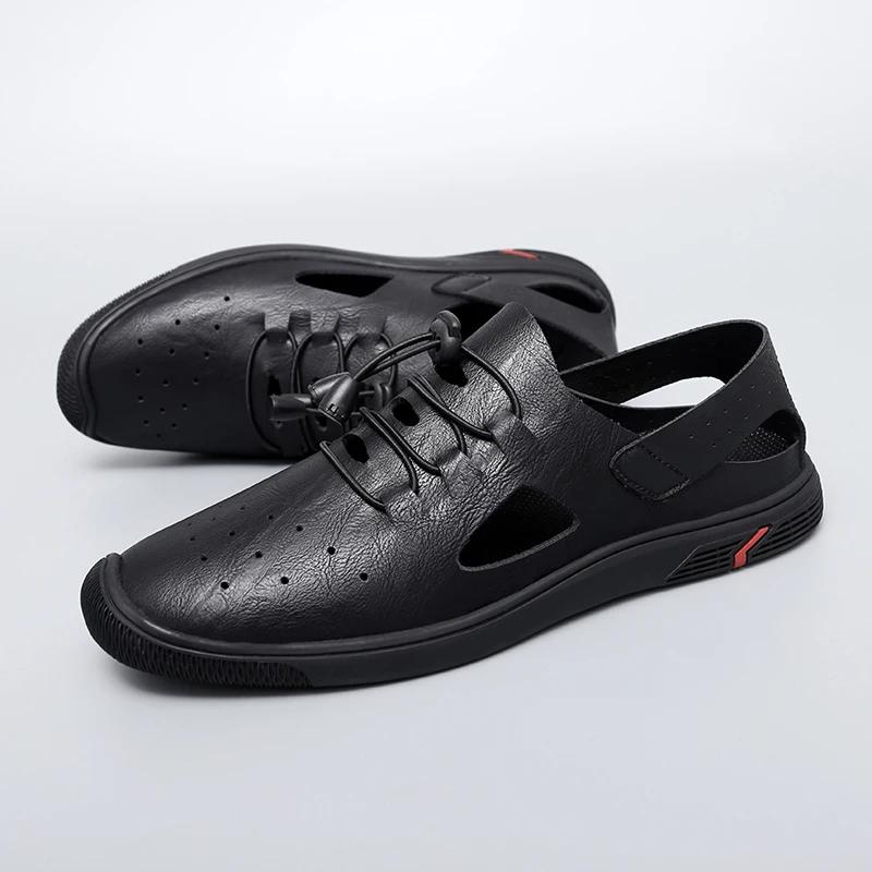 Fashion Italian Men Designer Hollow Out Sandals Casual Leather Beach Shoes Flats Leisure Party Footwear Men Comfy Summer Outdoor Sandals