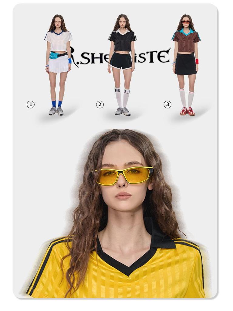 RS Women's Retro V-Neck Football T-shirt - Patchwork Stripes, Short Sleeve, USA/Canada/Mexico Sports Style