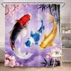 Koi Fish Shower Curtain 180x180cm – Japanese Ink Style with Black White Orange Koi, Misty Blue Floral Background, 12 Hooks