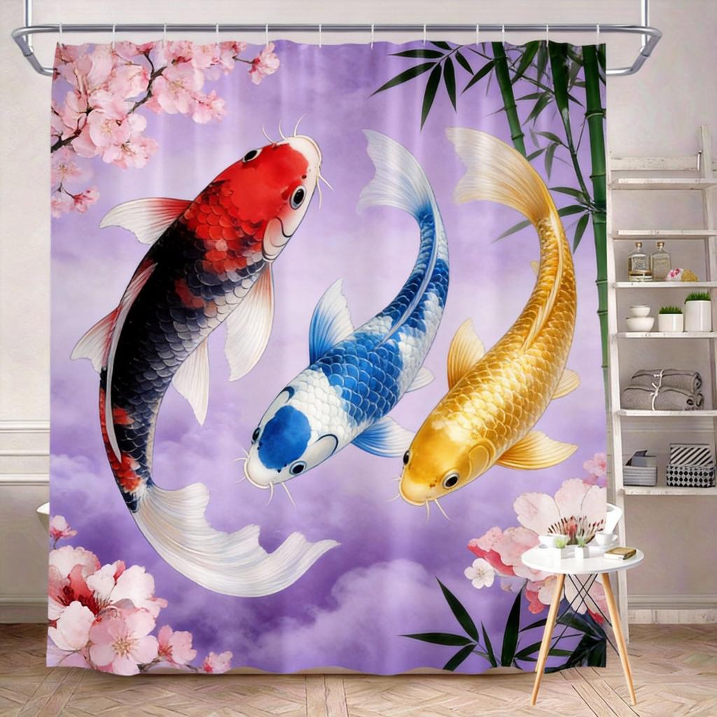 Koi Fish Shower Curtain 180x180cm – Japanese Ink Style with Black White Orange Koi, Misty Blue Floral Background, 12 Hooks