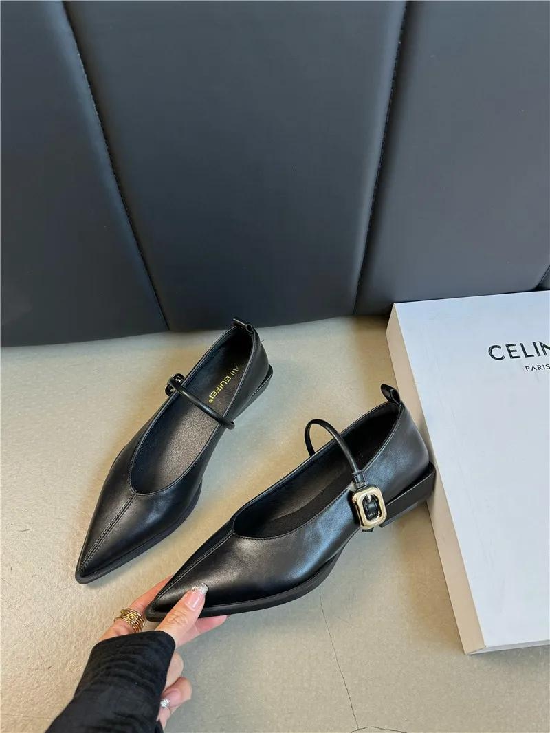 

Женские туфли-лоферы с острым носком, черные, коричневые, белые, повседневные туфли-мюли с пряжкой на ремне, туфли-лодочки на низком плоском каблуке для вечеринок 38 чёрный