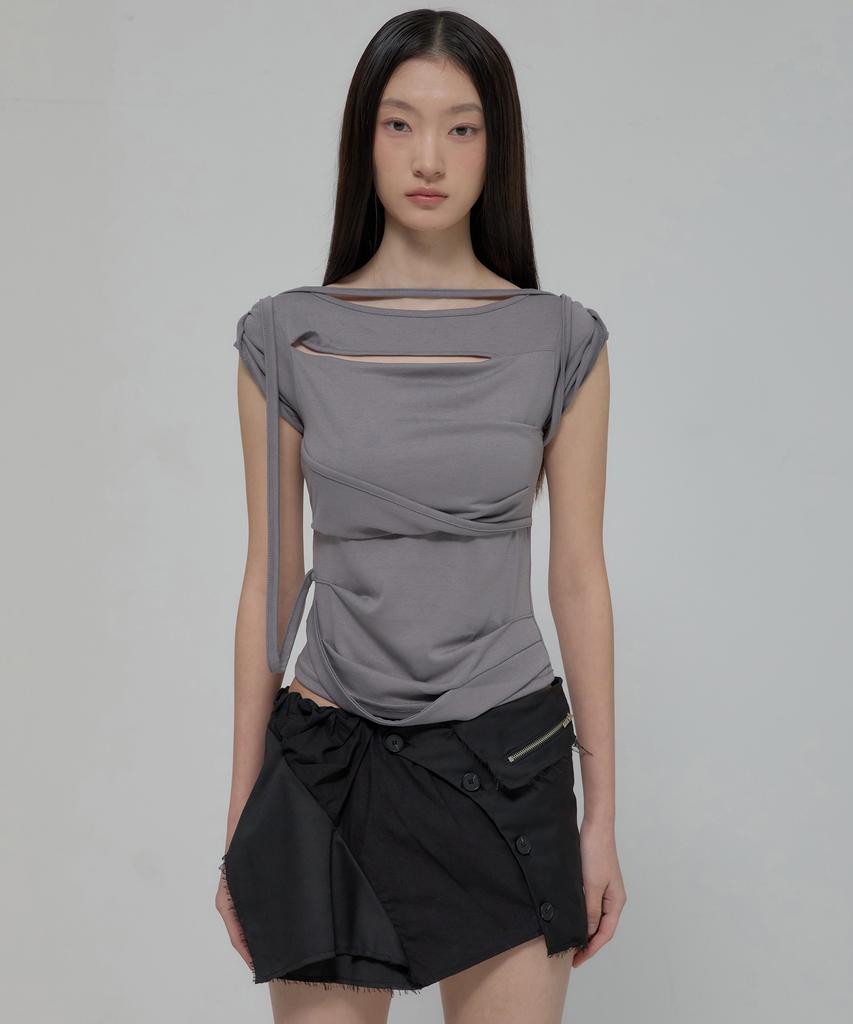 Peulleeoeob Asymmetrical Draped Strap Roll-Up T-Shirt (Fl-170_Dark Gray)