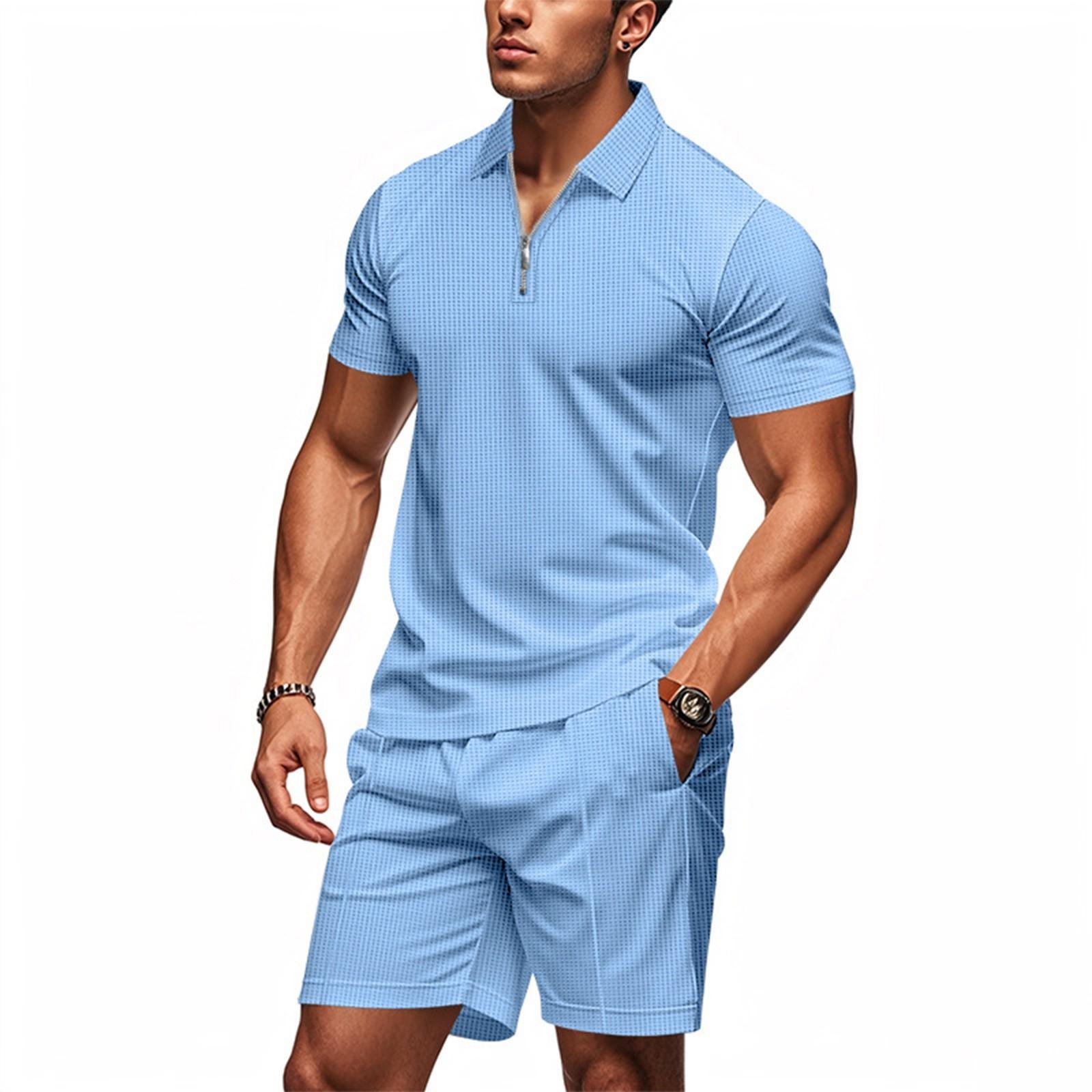 

Мужской летний однотонный комплект из топа и шорт с коротким рукавом и застежкой-молнией, мужской свободный спортивный и повседневный комплект из топа и шорт XXL светло-синий