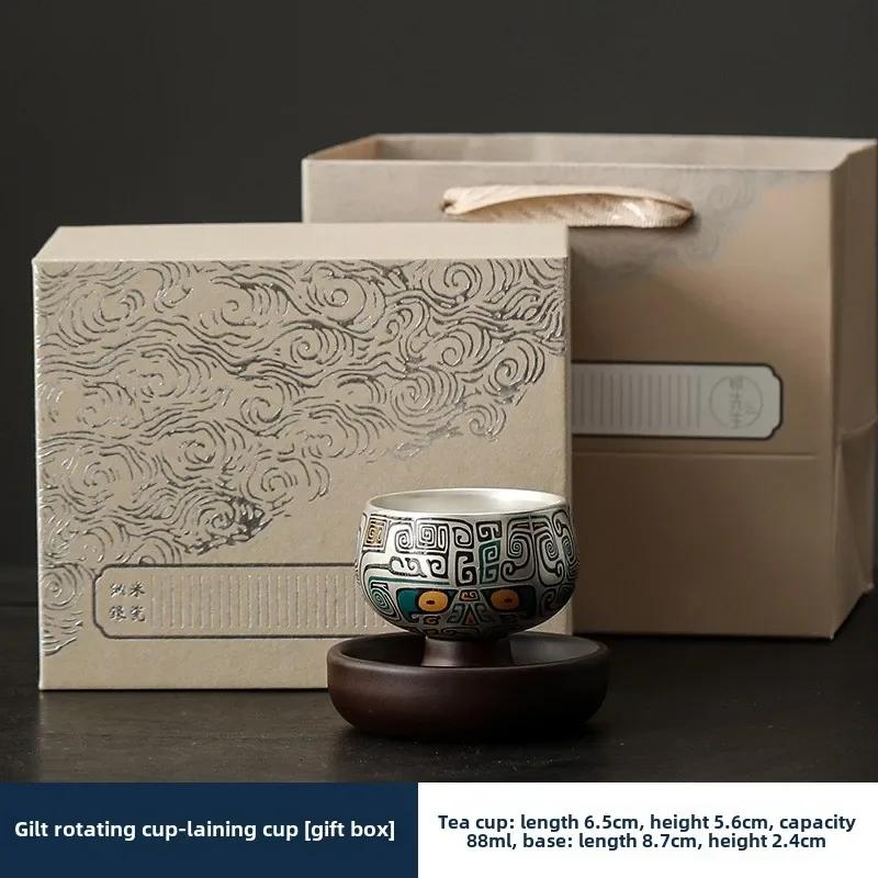 360 Degree Rotatable Silver Gilt Ceramic Tea Set 999 Sterling Silver Tea Cup Single Cup High-end Master Cup Two-piece Set