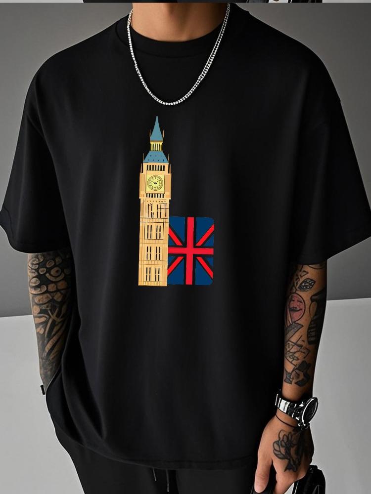Unisex Summer White Short Sleeve Tee Big Ben Tower Uk Flag Graphic Print Crew Neck Loose Vintage Male Casual Street Tops