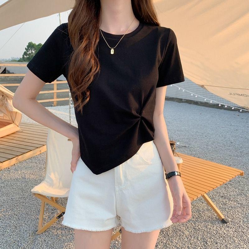 Irregular Short-sleeved T-shirt for Women 2024 New Summer Scheming Design Niche Half-sleeved High-waisted Short Top