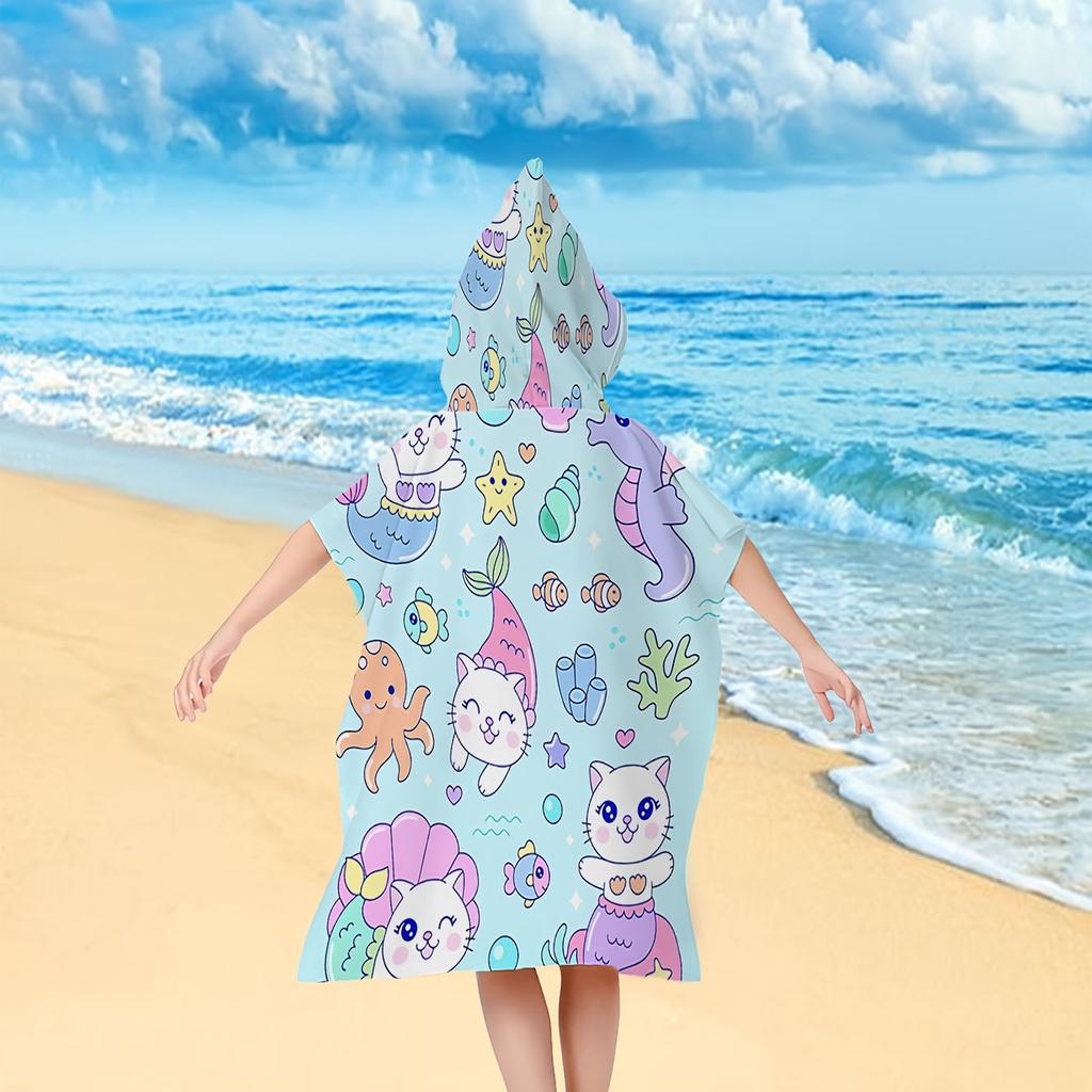 Kawaii Katze Meerjungfrau Meer flacher Druck Kapuzen Strandtuch Kinder Bademantel Poncho Mädchen Badebekleidung Pool Urlaub Outdoor