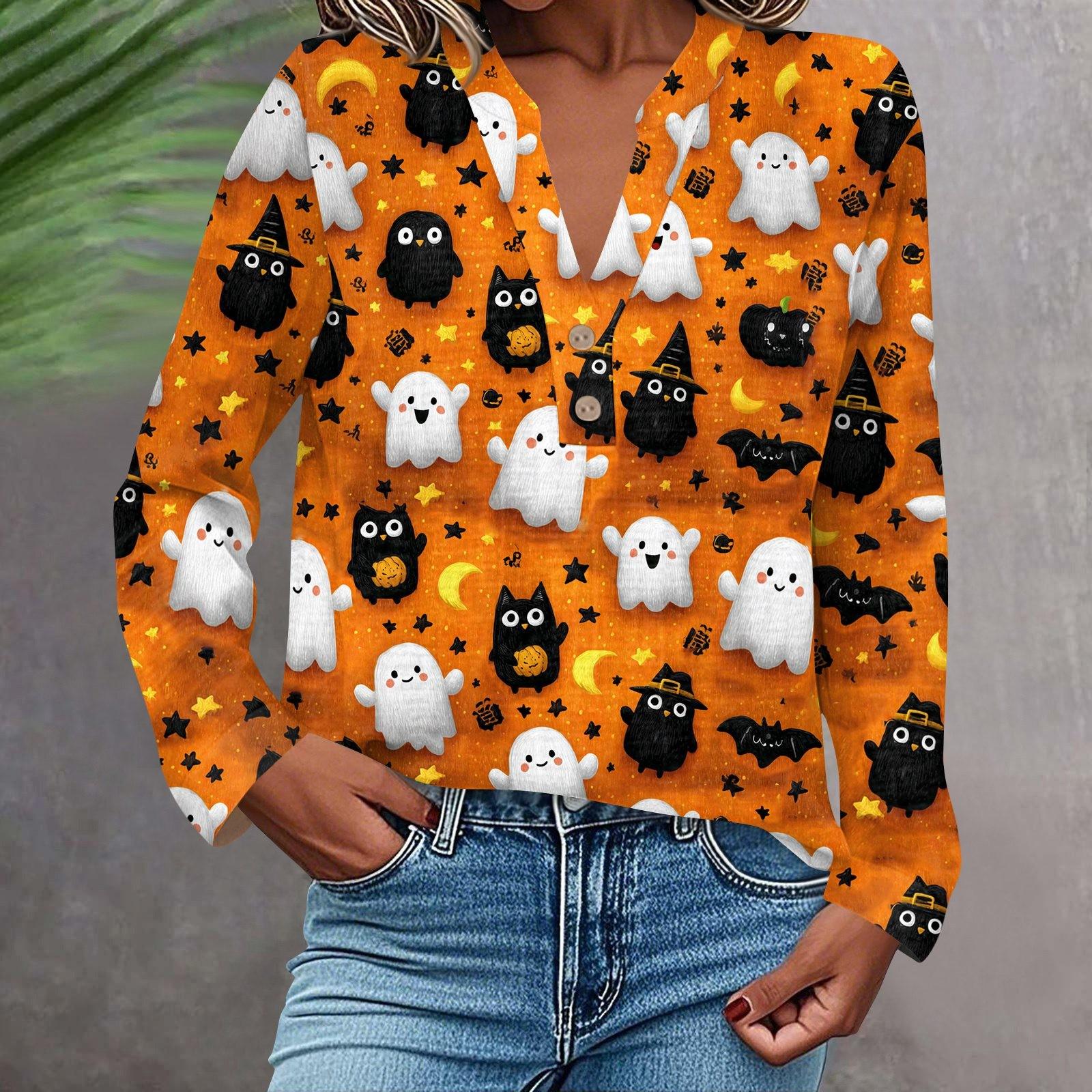 

Женская модная и повседневная рубашка с длинным рукавом, V-образным вырезом, на пуговицах, с принтом, блузка, топ XXL оранжевый