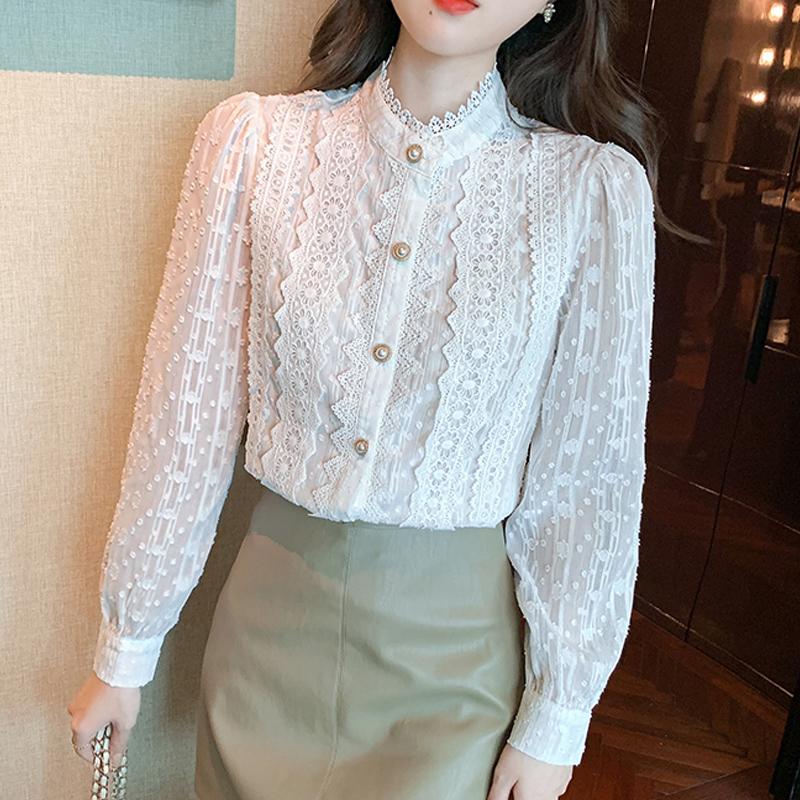 Autumn Women Blouse Long Sleeve White Lace Blouse Shirt Women Tops Stand Collar Blouse Women Clothing J16