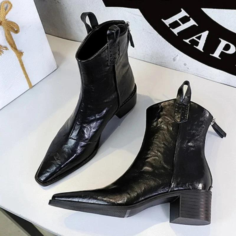 2026 Autumn/winter Women Boots Genuine Leather Western Boot Women Shoes Pointed Toe Chunky Heel Chelsea Boots Retro Ankle Boots