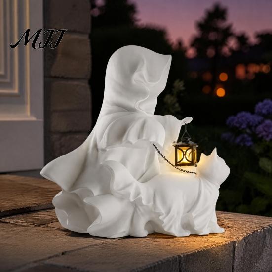 Harzhandwerk für Gartendekoration Halloween-Geist mit Laterne & Laufende Katzenfigur, Elegante Dekorationsfigur Eingangsbereich Wohnkultur Kamin