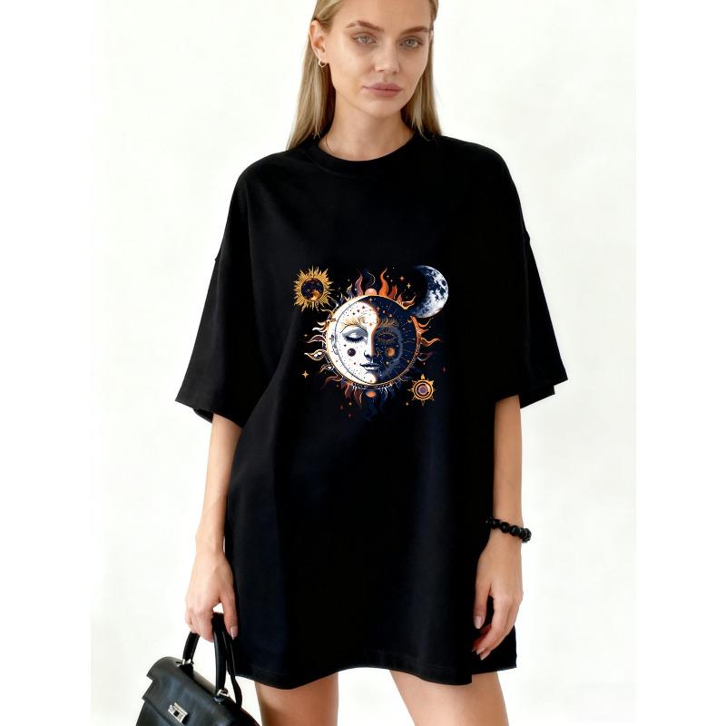 Oversized T Shirt Dress Black Sun And Moon Face Print For Casual Wear