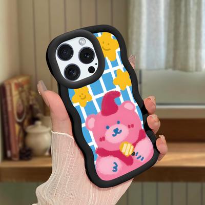 Cute Pink Bear Phone Cover for iPhone 11 12 13 14 15 Pro Max 6 6S 7 8 Plus Xs Wave Edge Shockproof Protective Rubber Case