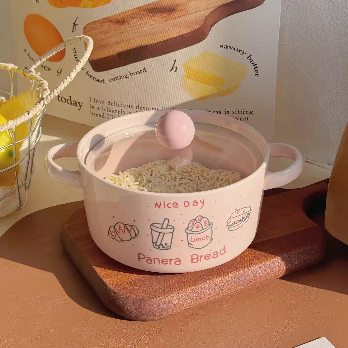 

Cute Binural Instant Noodles Bowl New Students Dormitory 6 Inch Cartoon Dinner Tableware Underglaze Color Ceramic Bowls with Lid 6 inch рожевий