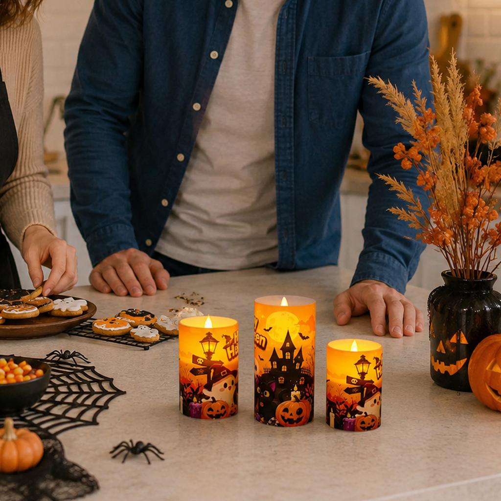 Halloween LED Flameless Candles Set of 3, Decor for Party and Holiday Decoration