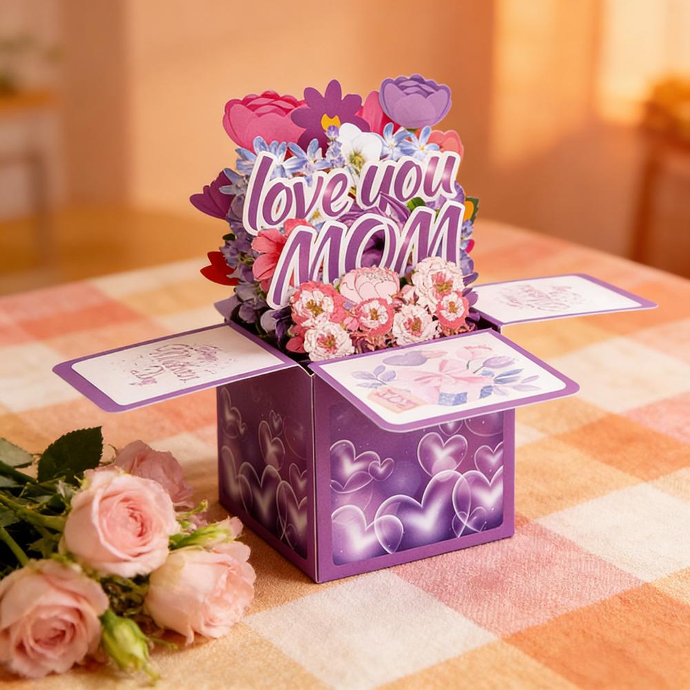 Mother‘s Day Father’s Day 3D Flower Bouquet Card Greeting Blessing Card Gift Box for Mom Dad with Message Card and Envelope