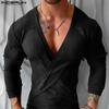 INCERUN Men V Neck Front Cross Long Sleeve Fitted Tops Knitted Rib Undershirts