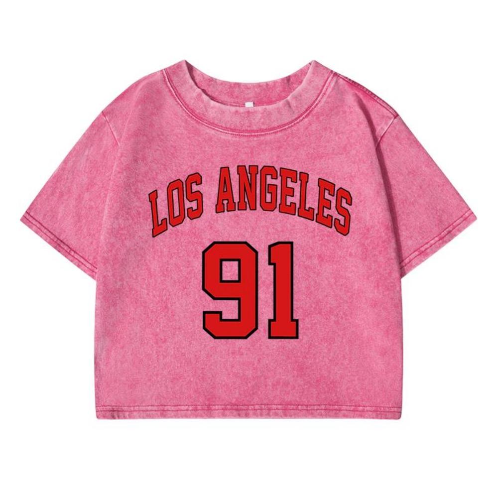 Los Angeles 91Print Female Washed Short T-Shirt Fashion Midriff-Baring Tshirt Street Tops Summer Loose Clothes