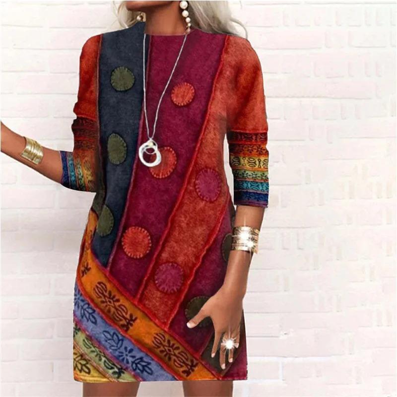 Autumn Women's Fashion Round Neck Slim Fit Long Sleeve Printed A-Line Dress Plus Size Elegant Dress Top