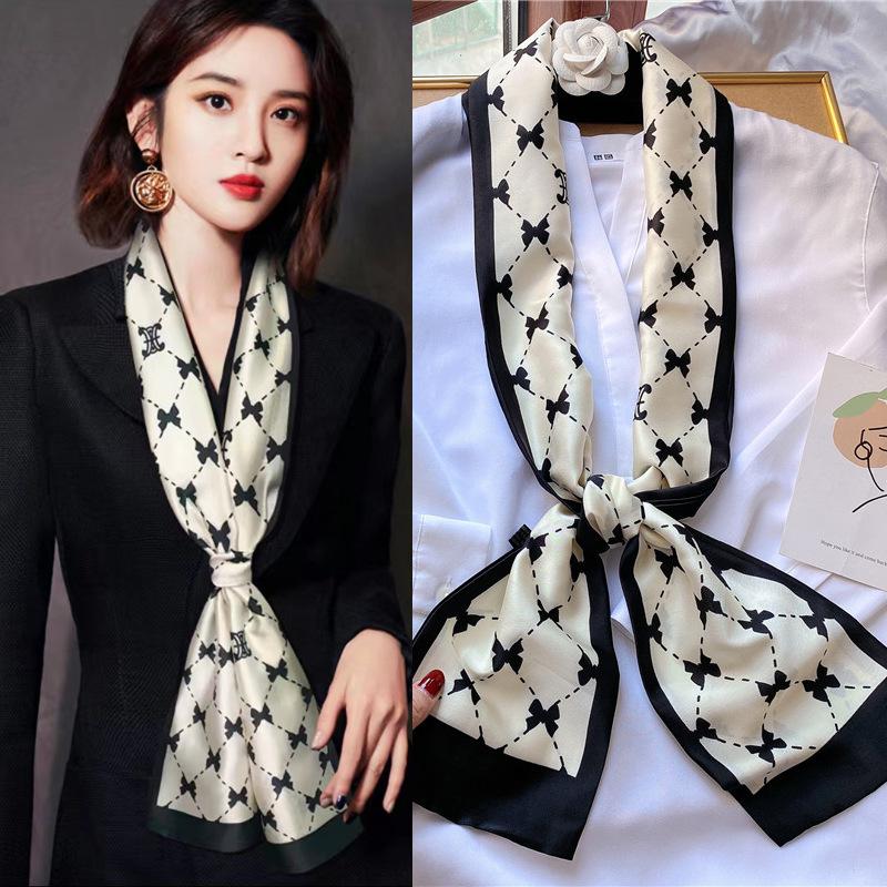Long small silk scarf spring and summer new with shirt streamer multi-functional belt hair tie high-end printed scarf