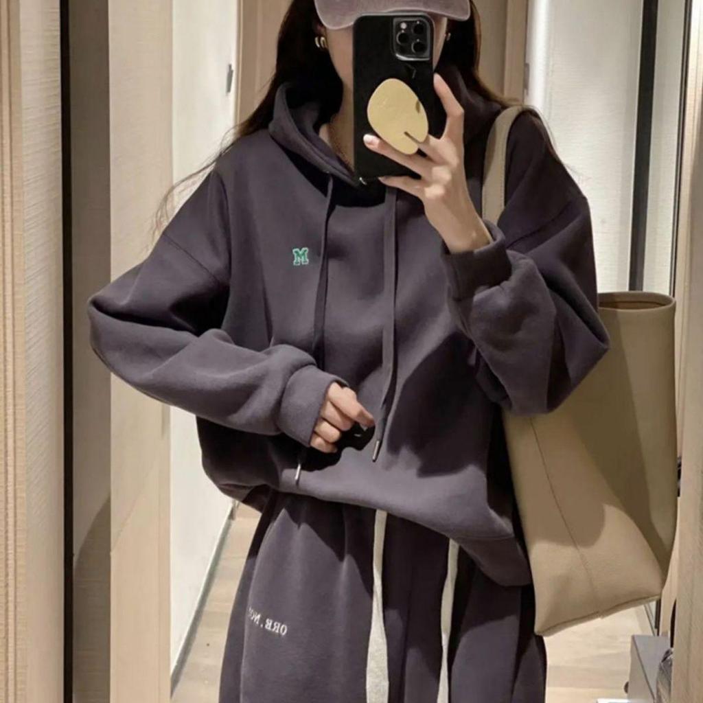 Korean Style Women's Hooded Sweatshirt & Joggers Two-Piece Set with Letter Embroidery