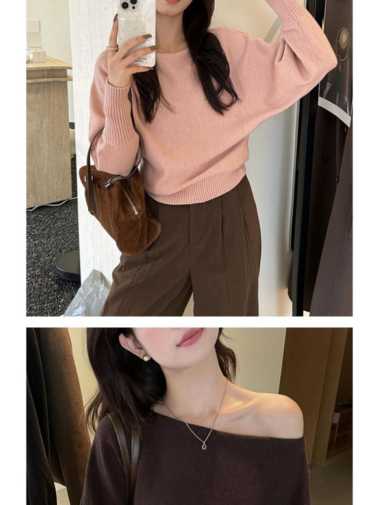 Khaki Off-Shoulder Knitted Sweater: Women's Early Autumn Versatile Style