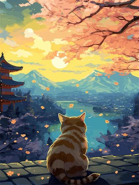 5D Diamant Malerei Neuheiten Katze Tempel Voll Platz Runde Stickerei Mosaik Sonnenuntergang Landschaft Home Decor