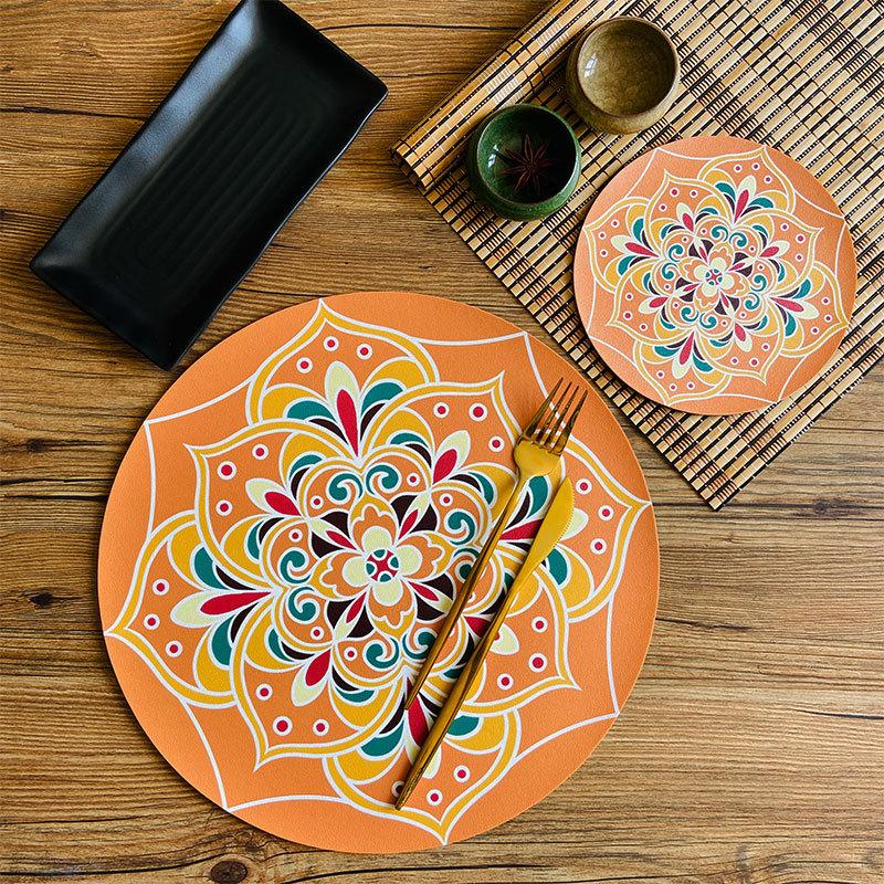 1PCS Round Ethnic Leather Coasters Boho Printed Heat Insulation Antiskid Cup Mats Reusable Drink Pad Tableware Set Kitchen Decor