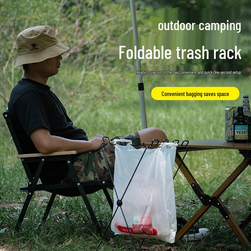 Multifunctional Outdoor Folding Trash Rack: Wrought Iron Stand for Camping and Home Use