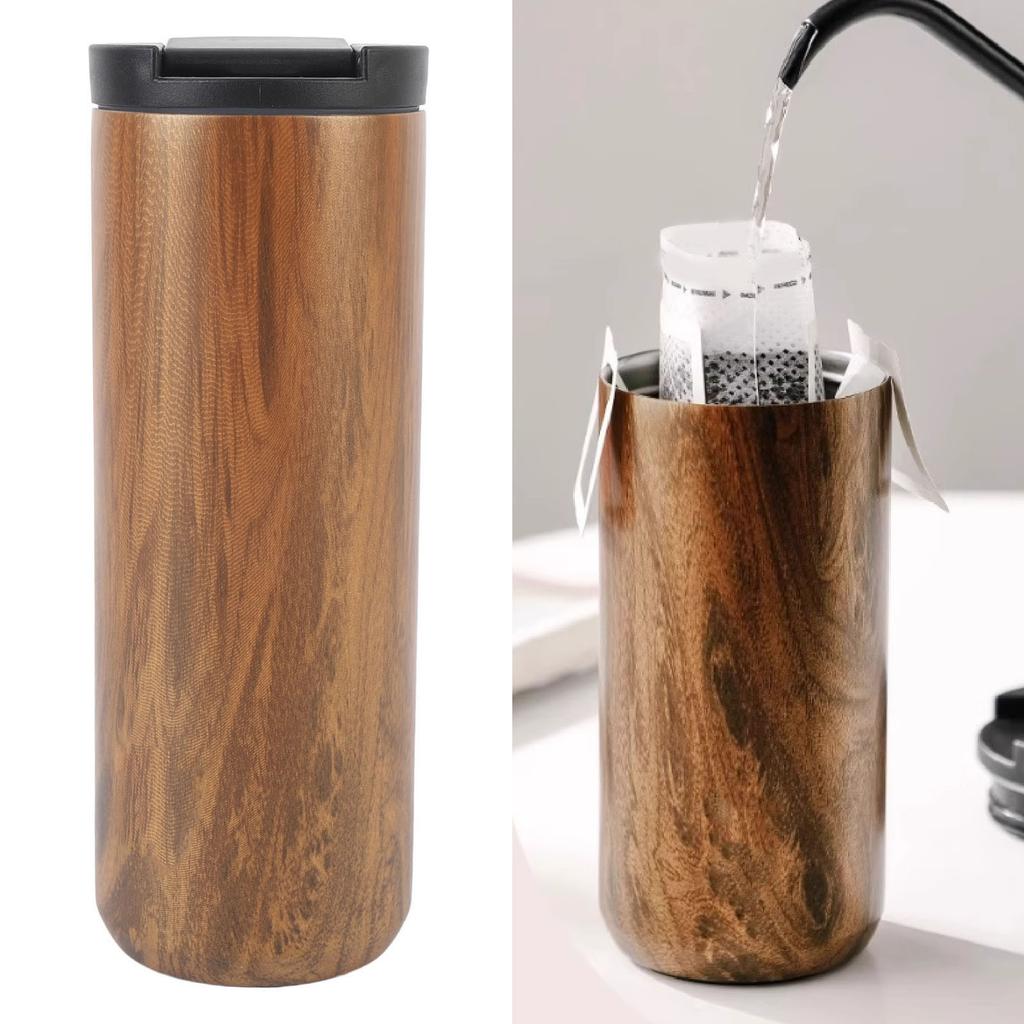 Insulated Travel Mug with Lid 500ml Stainless Steel Wood Pattern Portable Multifunctional for Office