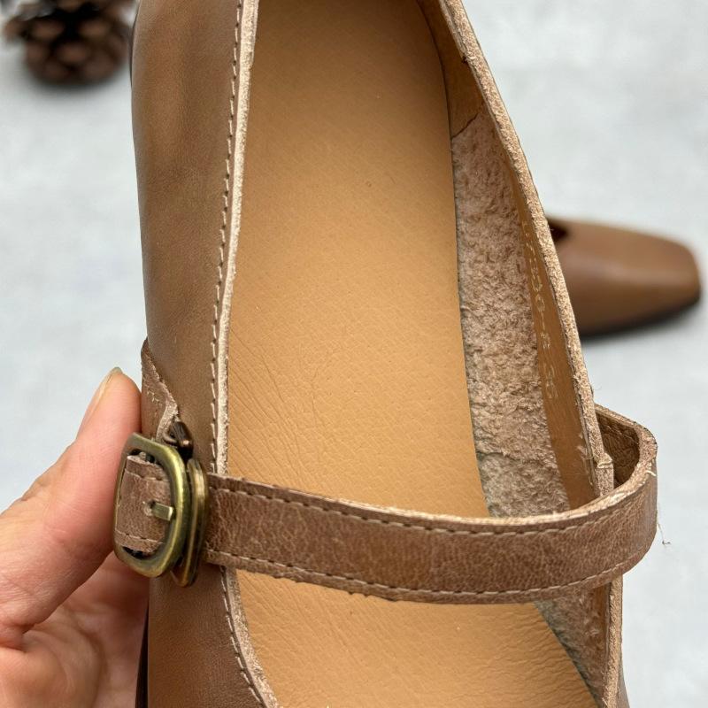 Johnature Echtes Leder Dicke Absätze Retro Damen Pumps Retro Eckige Zehenpartie Mary Jane Absatzschuhe