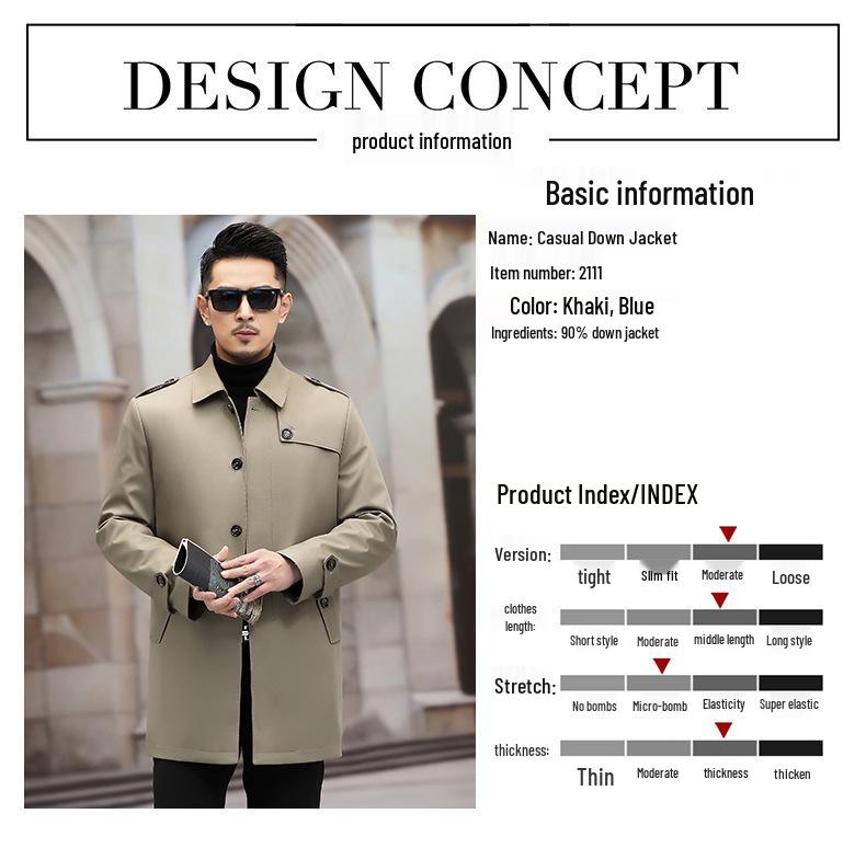 Men's Mid-Length Thickened Lapel Windbreaker with Removable White Duck Down Liner.