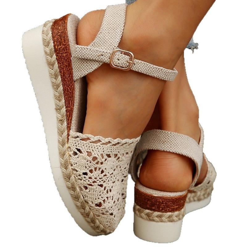 Large Size Wedge Sandals Summer New Bag Head Woven Hollow One-word Buckle Women's Sandals