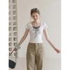 White fake two-piece lace-up U-neck short-sleeved T-shirt women's pure cotton summer fungus edge slim and thin short bottoming top