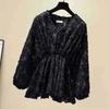 Women's Fuzzy V-Neck Blouse Flowy Ruffle Hem Long-Sleeve Top