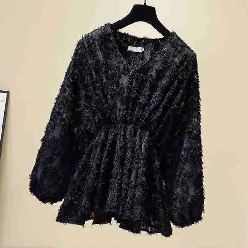 

Women s Fuzzy V-Neck Blouse Flowy Ruffle Hem Long-Sleeve Top L чорний
