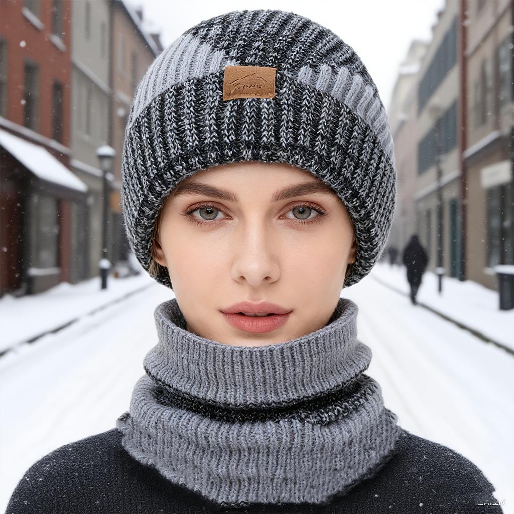 2pcs Winter Thick Ear Muffs, Two-Color Hat And Scarf Set - Suitable for Women'S Outdoor Leisure, Fashionable And Versatile for Cold Protection