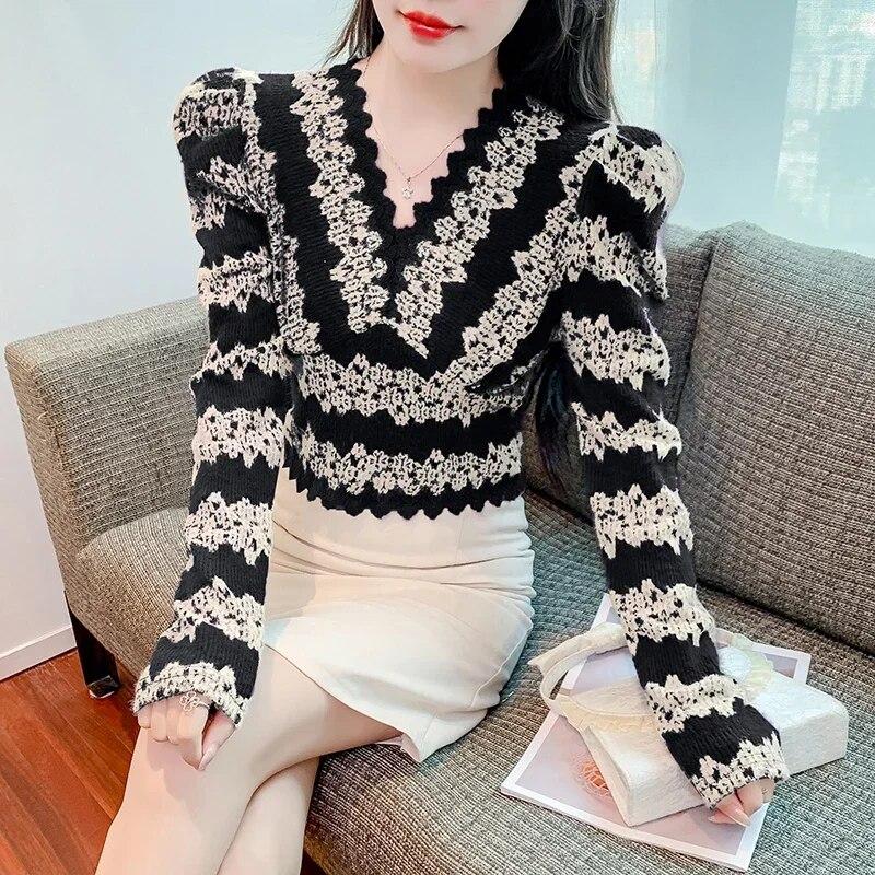 

Винтажная женская кружевная рубашка с v-образным вырезом, модные пышные пуловеры с длинными рукавами, блузки, женские элегантные тонкие укороченные топы с принтом 29906 XL чёрный