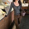 Spicy Girl Retro Stripe Slimming Long Sleeve Base Shirt - Women's Spring/Autumn Korean Style