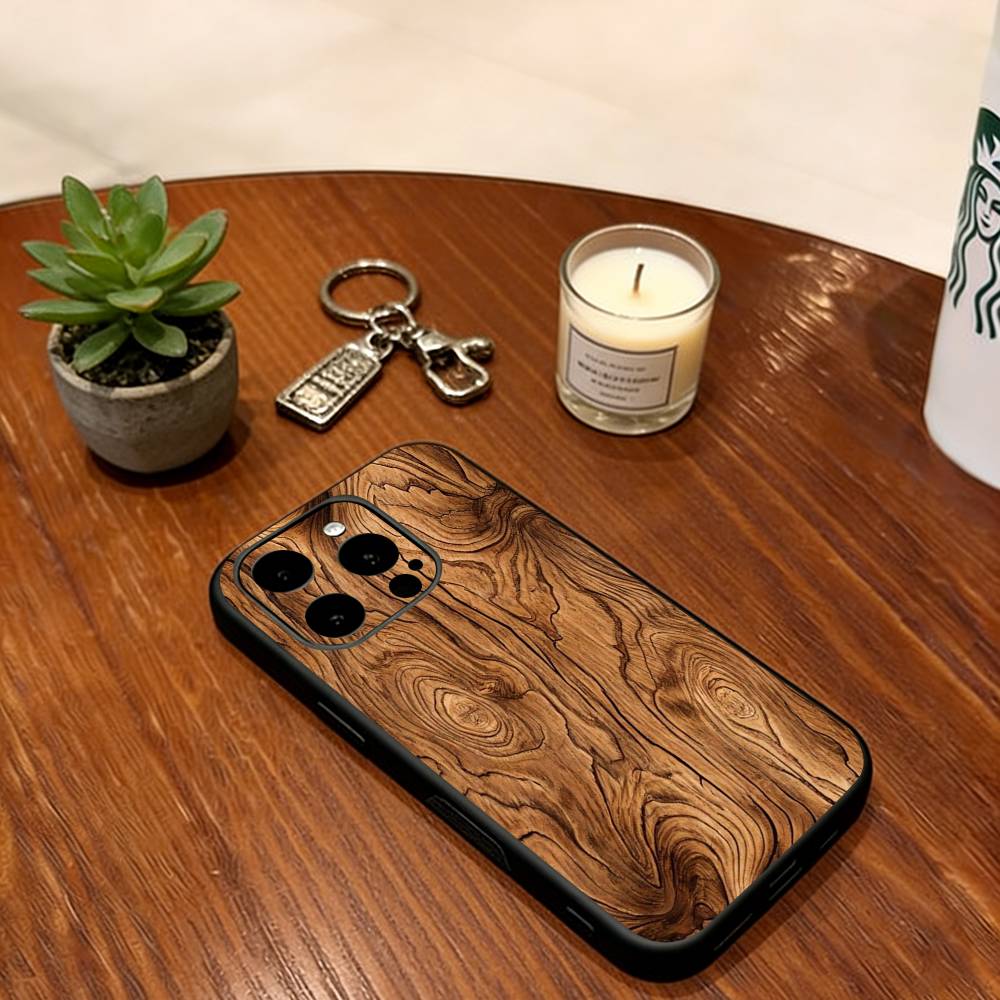 Natural Wood Phone Case For iPhone 17,16,15,14,13,12,11 Plus,Pro Max,XS,Soft Silicone Black Cover iPhone14Pro