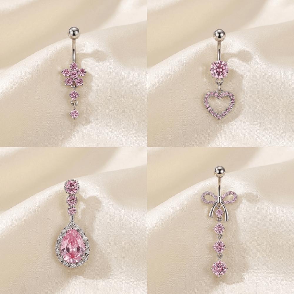 Long Dangled Stainless Steel Navel Piercing Pink Body Jewelry Zircon Belly Button Ring Gift
