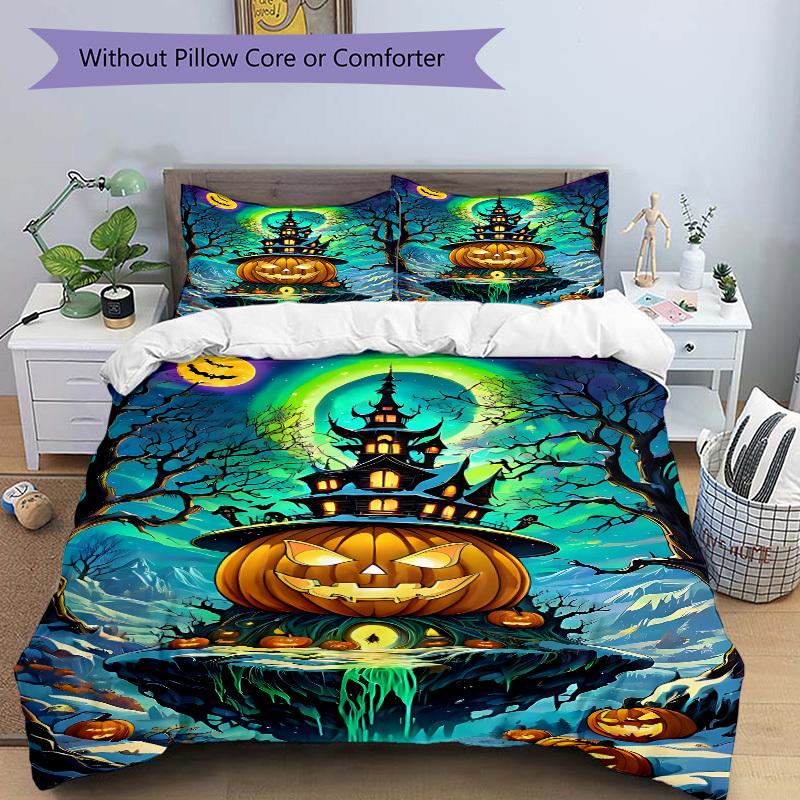 3pcs Halloween Pumpkin House Duvet Cover Set - Machine Washable, Includes 1 Cover and 2 Pillowcases, No Core Included Yy251013049