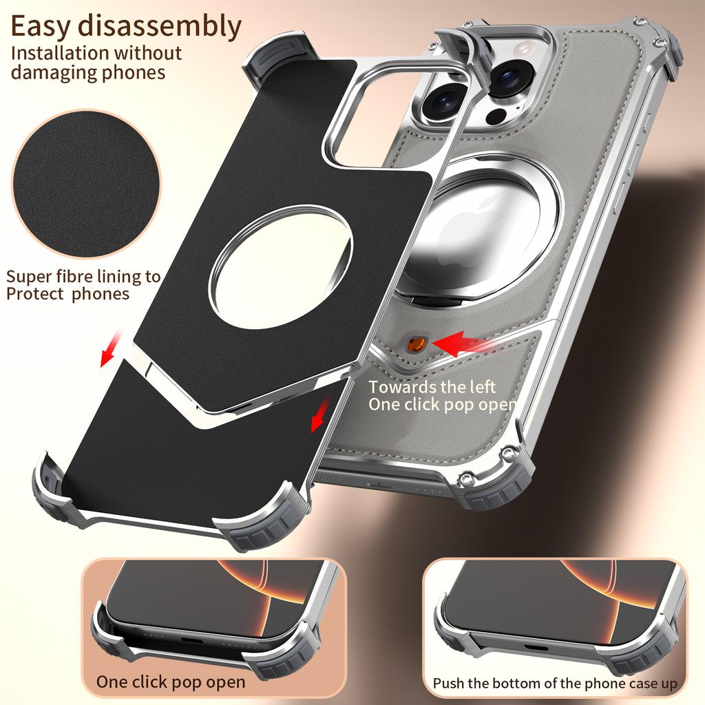 For iPhone 15 Pro Max Case PU Covered Metal Boardless Phone Back Cover with Kickstand