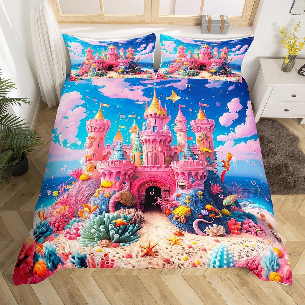 Comforter Fantasy Castle Princess Queen King Size For Kids Girls Fairy Tale Themed Princess Bedding Set 3 Piece Set