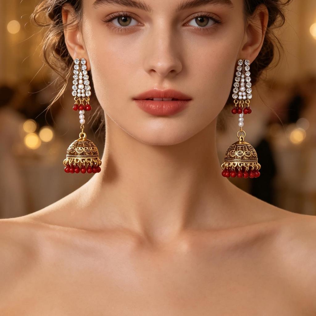 Bohemian Crystal Pearl Tassel Bell Stud Earrings - Indian Retro Style Fashion