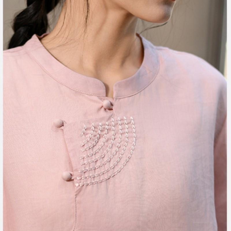 Johnature Women Embroidery Floral Vintage Dress Stand Half Sleeve Solid Color Summer Button Ramie A-Line Dress