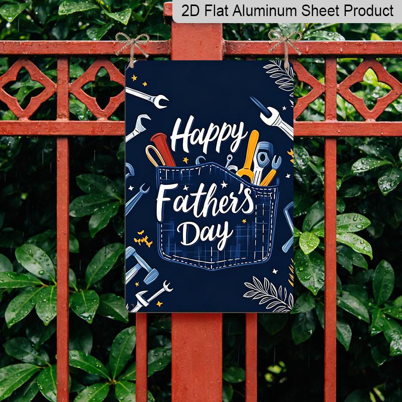 2D Flat, 1pc Denim Pocket Tools Father's Day Metal Wall Art Sign "Happy Father's Day" - 8*12 Inch Aluminium Rustic Garage Decor, Workshop Style Wall