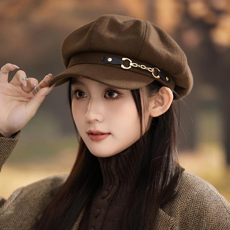 Autumn and winter hats women's solid color versatile octagonal hats temperament show face small beret big head circumference painter hat
