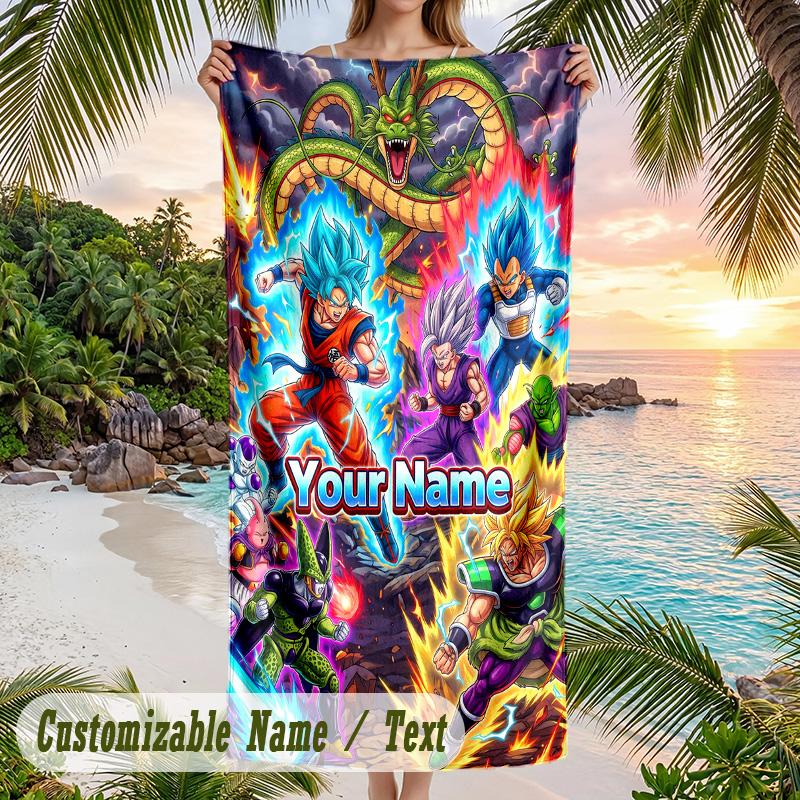 Dragon Ball Beach Towel, Personalized Custom Name Text, Quick Dry Large Absorbent Towel For Beach Pool