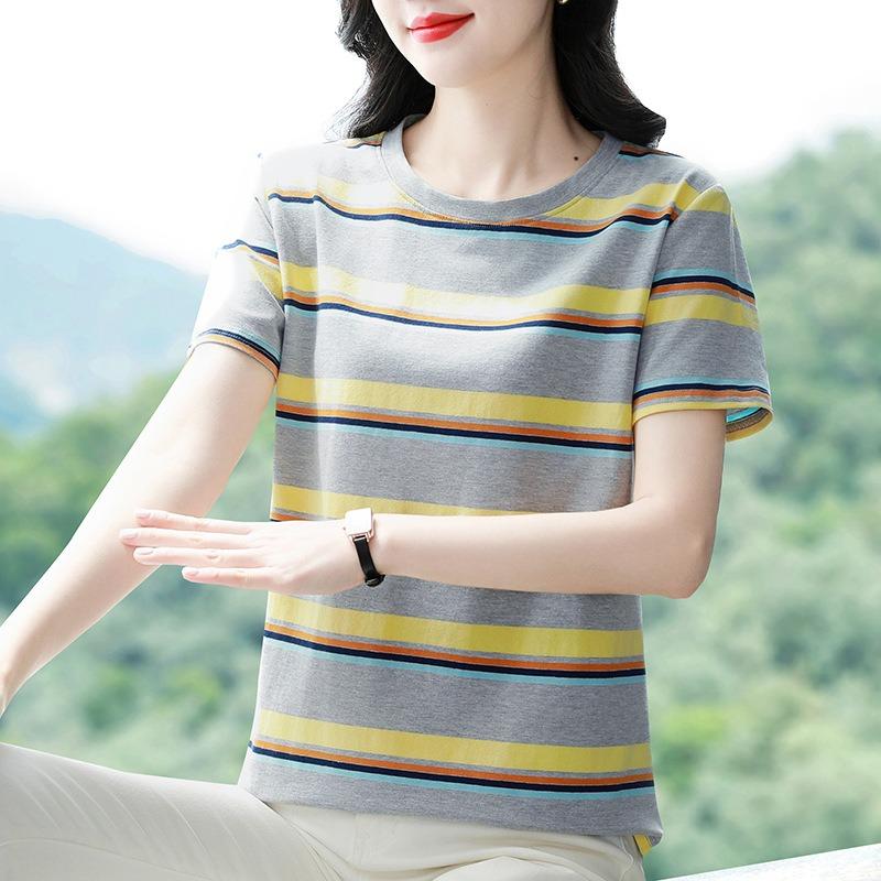 Striped Short-sleeved T-shirt Women's Round Neck Half-sleeved Shirt Summer Plus Size Loose Top